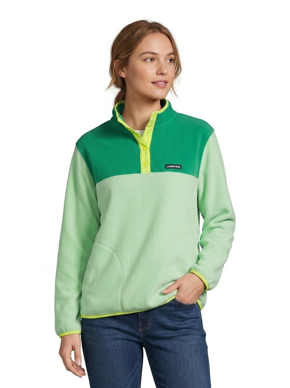 Women’s Lands' End Two-Tone Green Fleece Pullover with Neon Trim